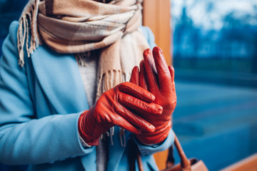 Elegant outfit. Closeup of of stylish woman in coat, scarf and brown gloves. Fashionable girl on the street. Female fashion.