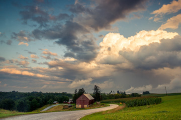 Storm clouds over a rural Wisconsin farm