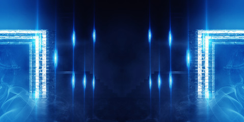 Background of empty dark room illuminated with blue neon lights