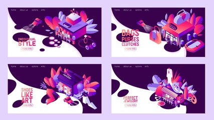 Set of isometric banners or landing page templates for fashion stores or boutiques as jewelry, bags, shoes, clothing and accessories shops. Night scenes with cars and style objects in bright gradients