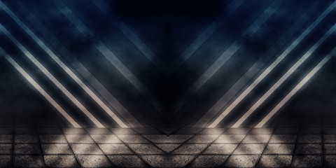 Background of an empty foggy street with a wet paving slab, smoke, illuminated by a searchlight, neon light and laser beams