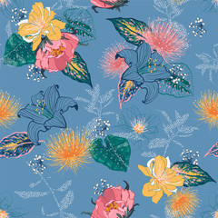 Obraz premium Sweet romantic Floral in many kind of botanical plants and leaves in the garden night seamless pattern blooming ,Motifs vector texture. Design for fall prints in hand drawn style