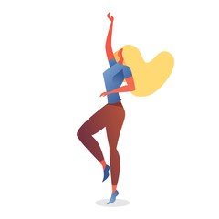 Isolated on white young thin woman dancing in sport clothes with blonde hair and energetic movement, goof for training at home or studio or classes workout exercise