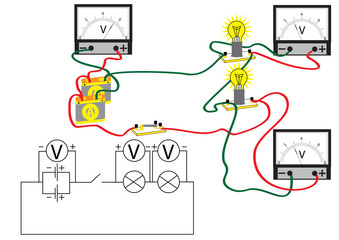 An electrical circuit consisting of consecutively connected electric power consumers, voltmeters for measuring the voltage at different sections of the circuit.