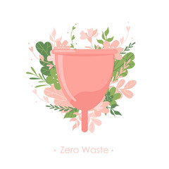 Menstrual cup with plants and flowers on white background
