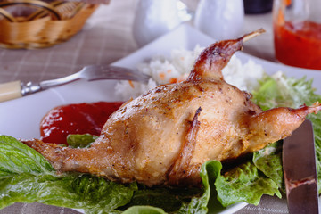 Delicious baked quail in a ceramic plate with rice and red sweet and sour sauce prepared for a lunch or dinner, closeup