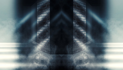 Background of empty dark room with brick walls, illuminated by neon lights with laser beams, smoke