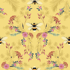 Obraz na płótnie Canvas Sweet mood in pastel Vintage botanical blooming garden flowers unfinished line drawing with bees seamless pattern vector design for fashion,fabric,wallpaper,and all prints