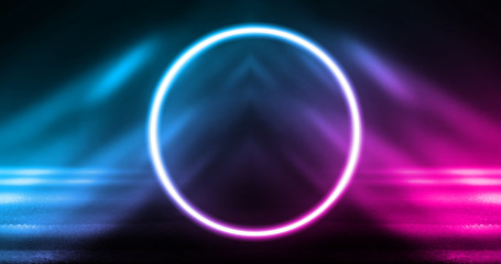 Background of empty stage, room. Reflection on wet pavement, concrete. Neon blurry lights. Neon circle figure in the center, smoke