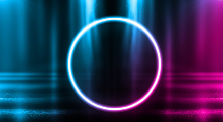 Background of empty stage, room. Reflection on wet pavement, concrete. Neon blurry lights. Neon circle figure in the center, smoke