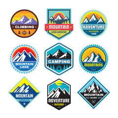 Set of adventure outdoor concept badges, summer camping emblem, mountain climbing logo in flat style. Extreme exploration sticker symbol. Creative vector illustration. Graphic design element.  