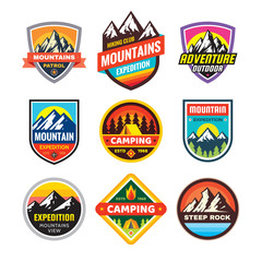 Set of adventure outdoor concept badges, summer camping emblem, mountain climbing logo in flat style. Extreme exploration sticker symbol. Creative vector illustration. Graphic design element.   - 258766256