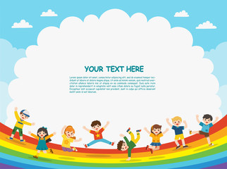 Children's activities. Happy children are jumping on rainbow background.Template for advertising brochure.
