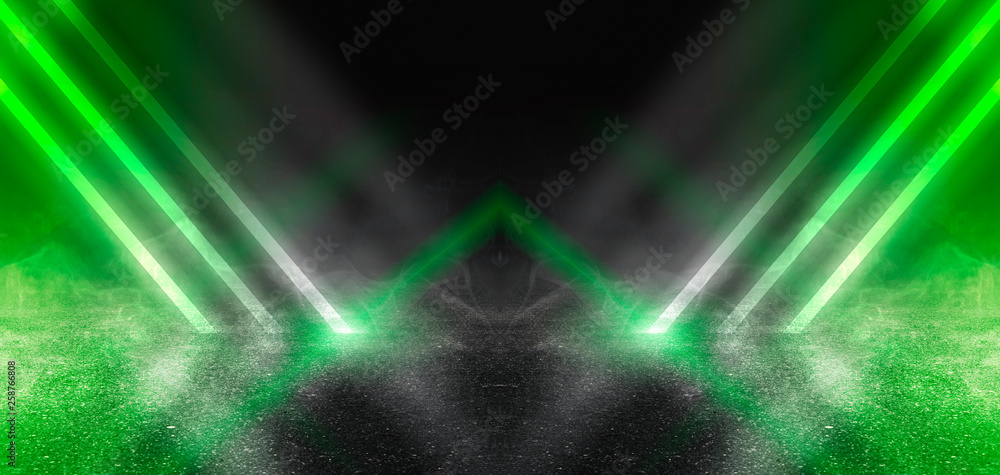 Poster background of empty scene with concrete floor, neon lights and smoke. background trend color ufo gre