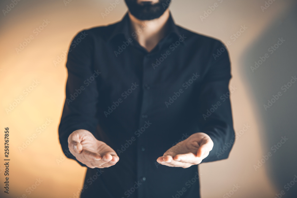 Poster man empty palm in yellow background