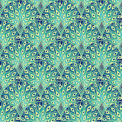 Peacock art deco seamless pattern. Art nouveau vintage background