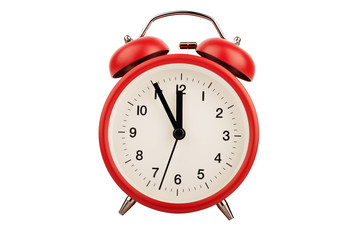 Close up on red alarm clock, isolated on white background. Cut out.