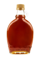 Decorative traditional maple syrup bottle from Canada. Isolated on white background.