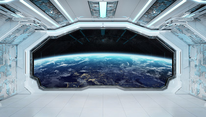White blue spaceship futuristic interior with window view on planet Earth 3d rendering © sdecoret