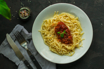 pasta, Spaghetti or Bucatini and ingredients for the sauce - portion. food background. copy space