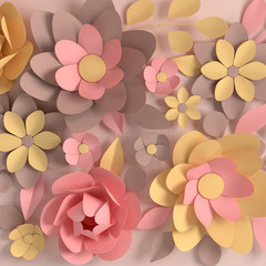 Paper elegant pastel colored flowers on beige background. Valentine's day, Easter, Mother's day, wedding greeting card. 3d render digital spring or summer flowers illustration in paper art