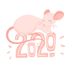 Pink rat is sitting on the text 2020