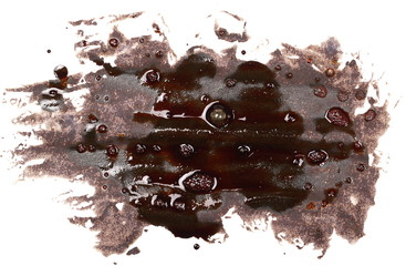Old spilled engine oil puddle and splash isolated on white background, texture