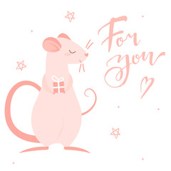 Pink rat gives a gift and lettering for you, isolated illustration