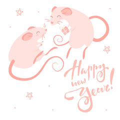 Two pink rats and lettering happy new year, isolated illustration