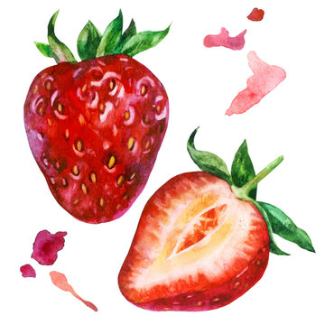 Watercolor illustration, set. Big strawberry, sliced strawberry.