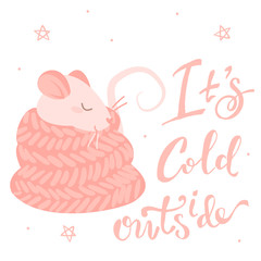 Pink rat in a scarf and lettering it's cold outside, isolated illustration