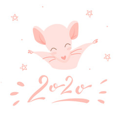 Pink rat and lettering 2020, isolated colorful illustration