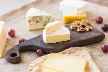 Cheese party table, perfect holiday appetizer with nut on rustic wooden board