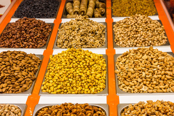 Different sorts of nuts and fruits in Dubai market