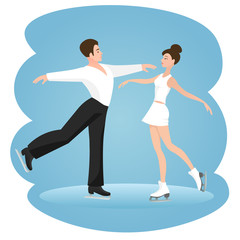 Pair figure skating, dancing on ice is a winter sport. A man and a woman spread their arms wide at each other. Vector illustration