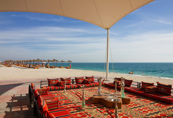 UAE: Beach on Sir Bani Yas island.  Abu Dhabi Emirate. Hookah cafe
