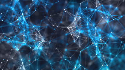 3D rendering of abstract forms of plexus, points and light rays with points of light