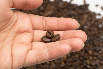 Two plates on a white background, one plate filled with ground coffee and cracking coffee beans