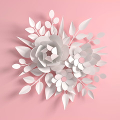 Paper colorful flowers  background. Valentine's day, Easter, Mother's day, wedding greeting card. 3d render digital spring or summer flower pattern, illustration in paper art style.