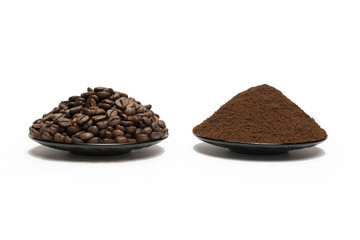 Two plates on a white background, one plate filled with ground coffee and cracking coffee beans