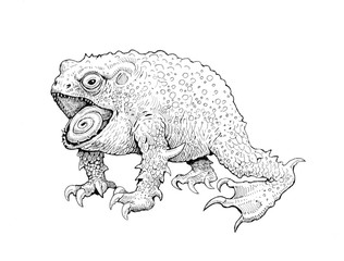Fantasy frog. Toad ink drawing. Monster toad illustration.