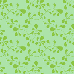 Fototapeta premium Seamless pattern, interlacing thin branches with leaves on green background. Swatch included in EPS file.