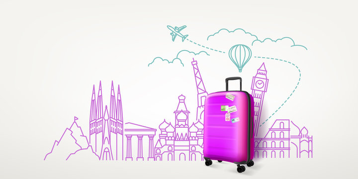 Photoreal violet suitcase with different travel famous sights. World travel vector concept