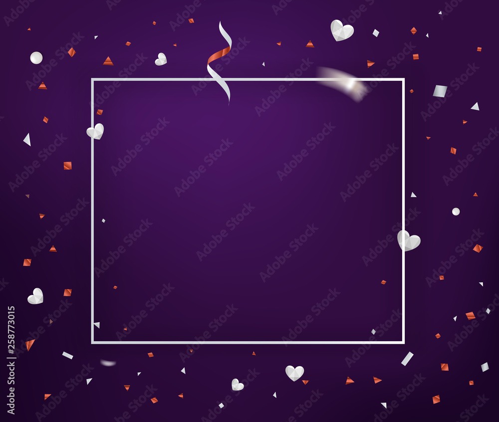 Poster Vector horizontal greeting card template with white frame and confetti and hearts