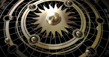 Animated system of abstract particles and elements. Metaphorical measuring device. Solar system. Digital computer image. Generative picture. 3D illustration, 3D rendering. - Powered by Adobe