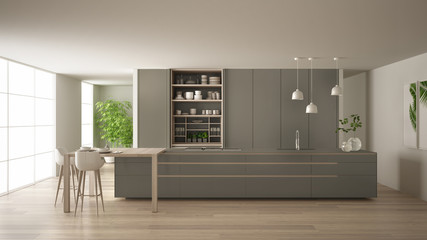 White and dove gray minimal kitchen in eco friendly apartment, island, table, stools and open cabinet with accessories, window, bamboo, hydroponic vases, parquet , interior design idea