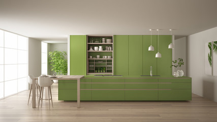 Fototapeta premium White and green minimalist kitchen in eco friendly apartment, island, table, stools and open cabinet with accessories, window, bamboo, hydroponic vases, parquet , interior design idea