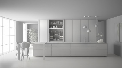 Naklejka na ściany i meble Total white project draft of minimalist kitchen, island, table, stools and open cabinet with accessories, window, bamboo, hydroponic vases, parquet , interior design concept idea