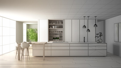 Architect interior designer concept: unfinished project that becomes real, minimalist kitchen, island, window, bamboo, hydroponic vases, parquet , interior design concept idea