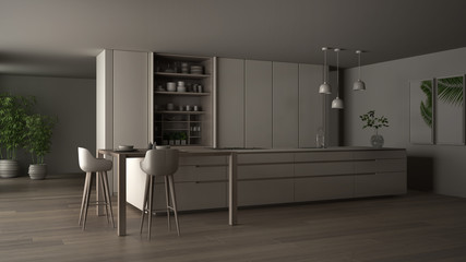 White and blue minimalist kitchen in eco friendly apartment, island, table, stools and open cabinet, window, bamboo, hydroponic vases, parquet , night scene interior design idea